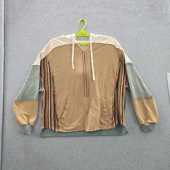 Buckle Tops - BKE Women Hoodie M Tan Striped Pieced Raw Edge Long Sleeve READ